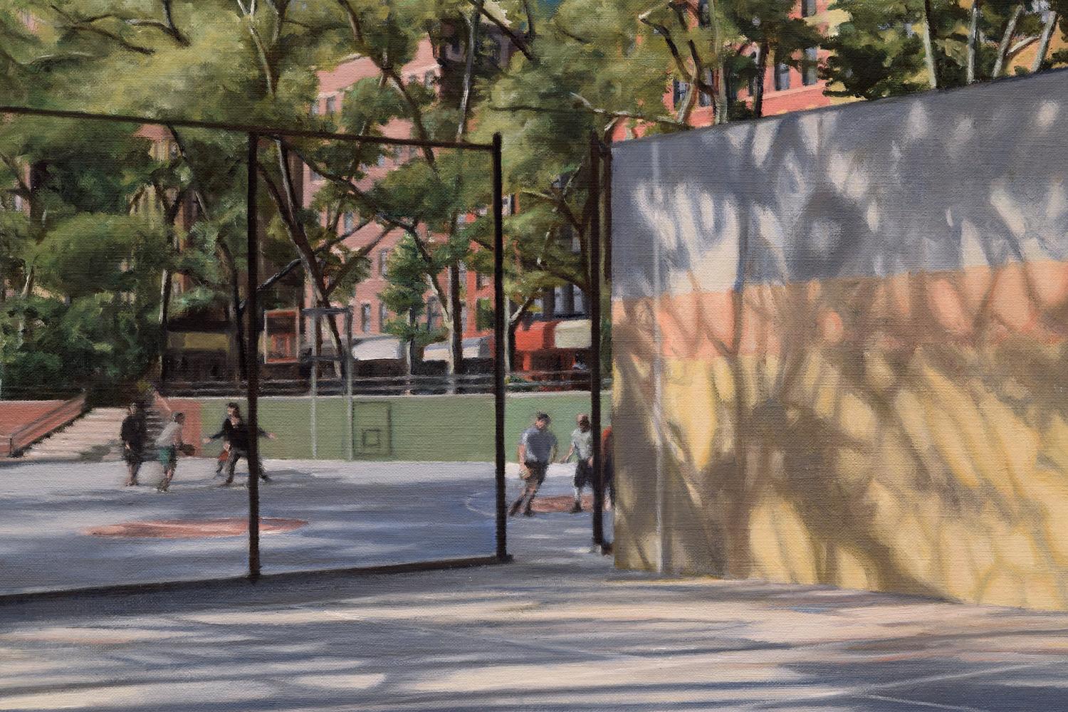 <p>Artist Comments<br>Artist Nick Savides presents a realistic scene of Sara D. Roosevelt Park on the Lower East Side. Kids play ball in the background as Nick focuses on the empty court in the foreground. The morning sunbeams on the trees, casting