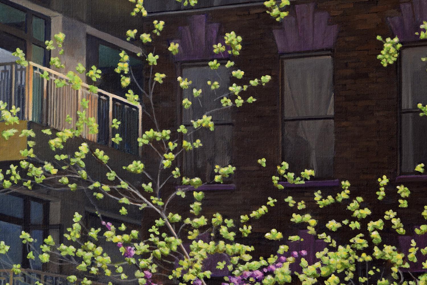<p>Commentaires de l'artiste<br>L'artiste Nick Savides a capturé la beauté de la High Line, au-dessus de la 25e rue ouest, par un magnifique après-midi de printemps. Il peint les arbres en pleine floraison, leurs feuilles explosant avec les