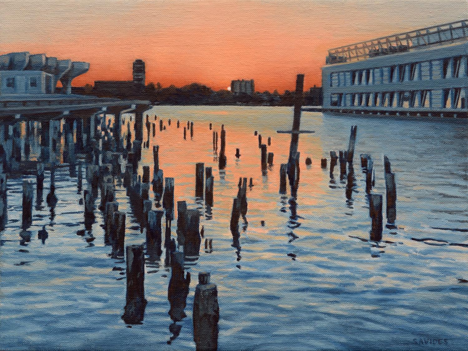 Nick Savides Landscape Painting - Hudson River Sunset and the Ghost of Pier 56, Oil Painting