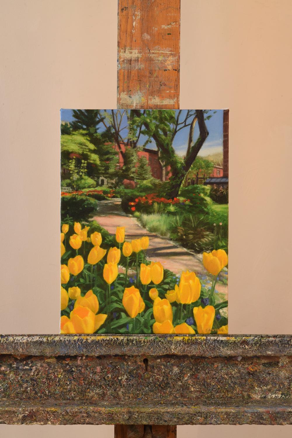 Jefferson Market Garden in Spring, Oil Painting - Black Landscape Painting by Nick Savides