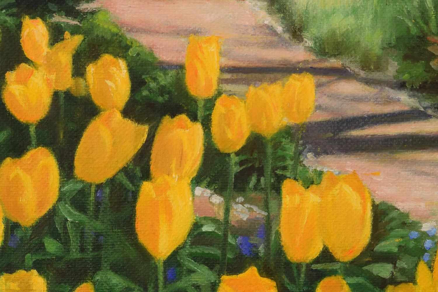 <p>Artist Comments<br />Pure, bright tulips frame a pathway lit with filtered sunshine. Artist Nick Savides depicts a peaceful spring morning at Jefferson Market Garden in Greenwich Village in New York. He captures the warm mood with small detail