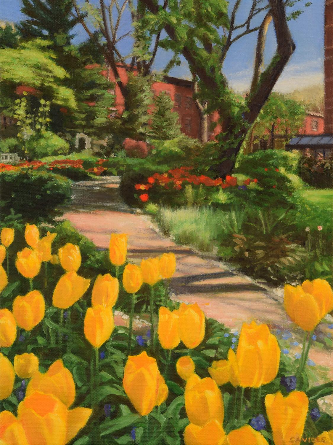 Nick Savides Landscape Painting - Jefferson Market Garden in Spring, Oil Painting