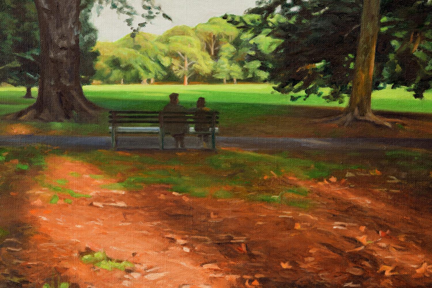 <p>Artist Comments<br>Artist Nick Savides captures a late afternoon scene in early autumn at Prospect Park, Brooklyn. On a bench, two figures sit facing the serene and peaceful Long Meadow, indulging in nature's beauty and engaging in a heartfelt