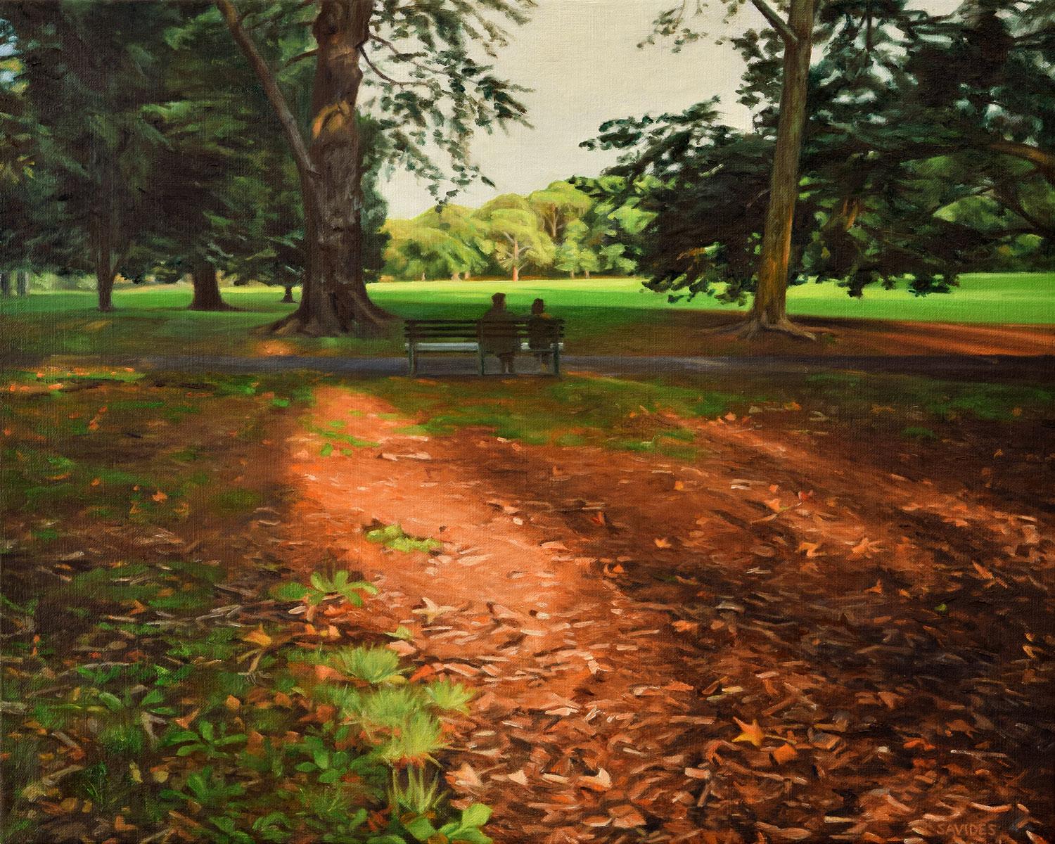 Light Through the Trees - Prospect Park, peinture à l'huile - Art de Nick Savides