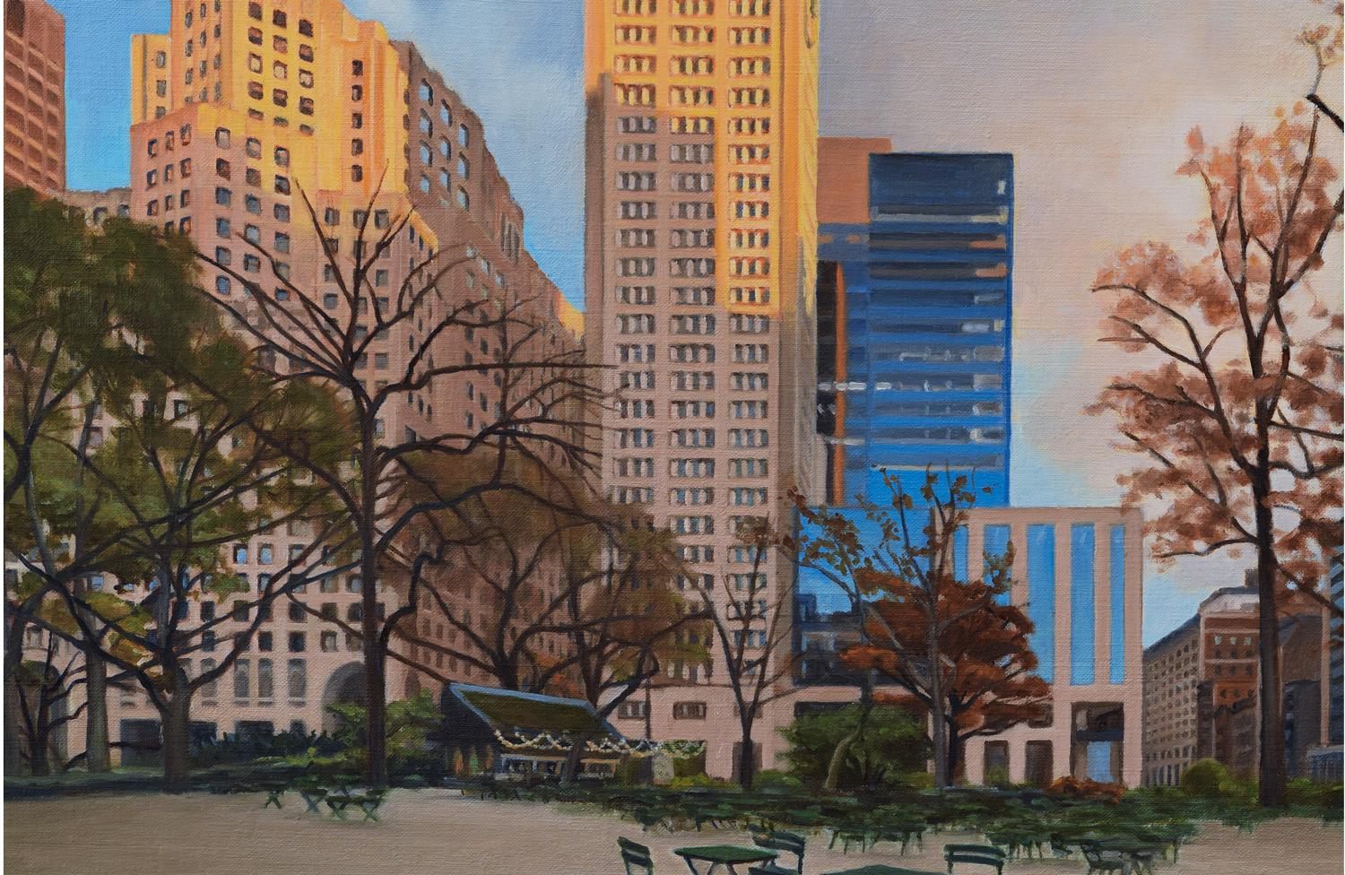Madison Square Sonnenuntergang, Ölgemälde (Grau), Landscape Painting, von Nick Savides