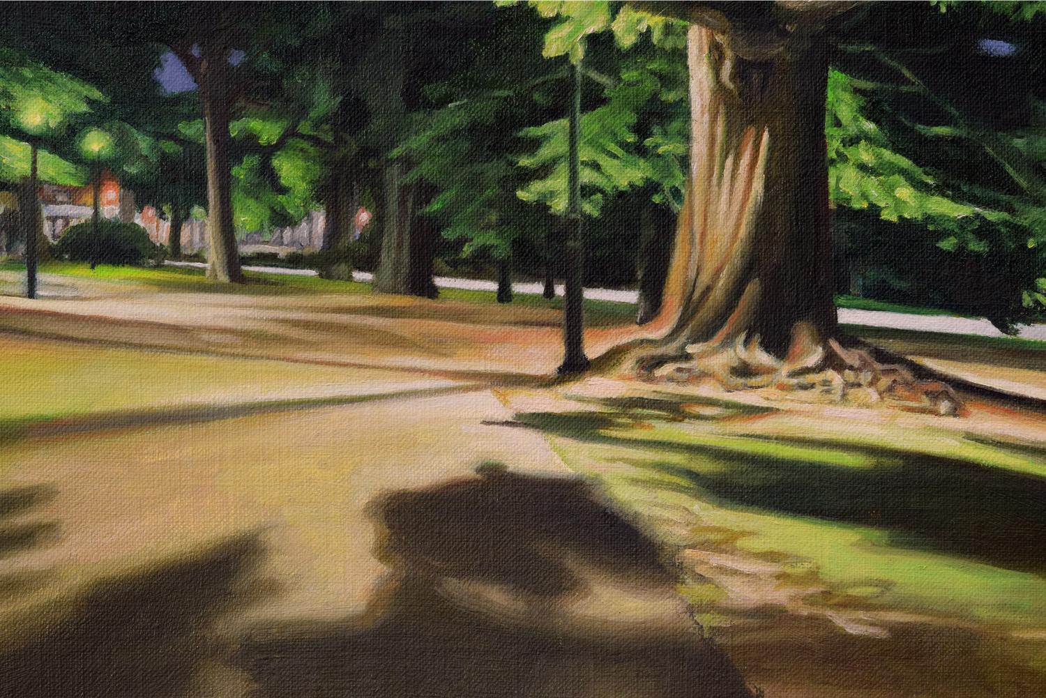 <p>Kommentare des Künstlers<br>Das Gemälde zeigt eine Sommernacht im Prospect Park, Brooklyn. In der Ferne kontrastieren die Anzeichen von Aktivität auf dem Bartels-Pritchard Square mit der Ruhe des Ortes. Die Straßenlaternen werfen ein dramatisches