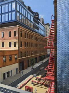 Used Red Fire Escape, Oil Painting