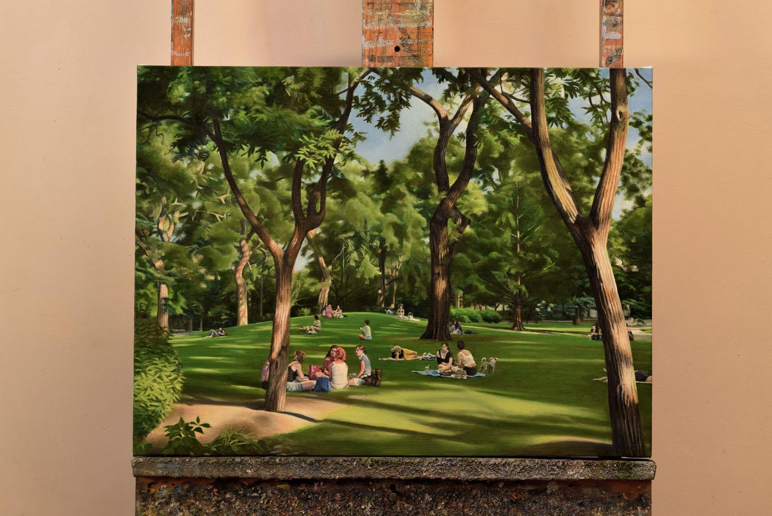 Atardecer de verano, Tompkins Square Park, Pintura al óleo - Painting Realista de Nick Savides