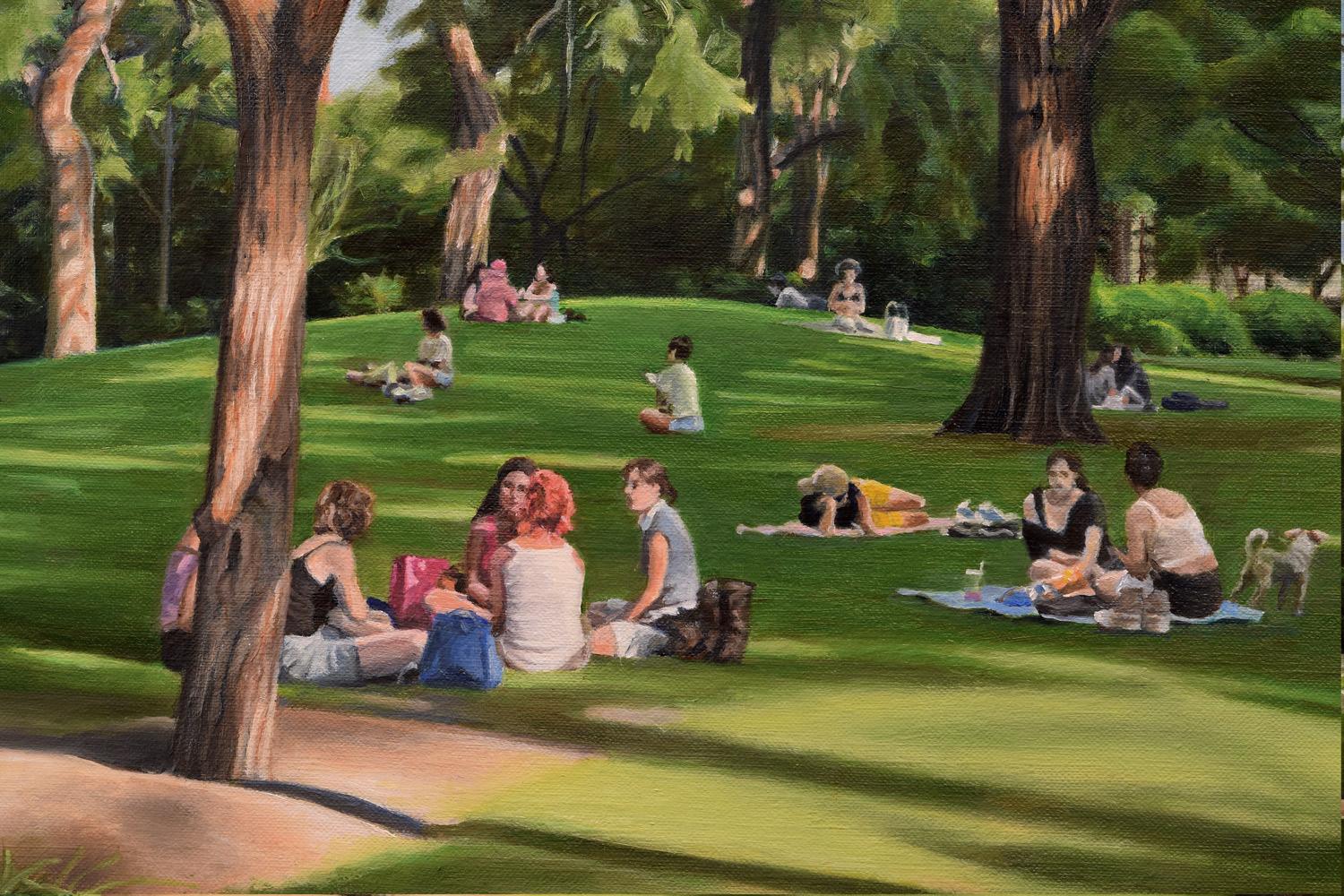Atardecer de verano, Tompkins Square Park, Pintura al óleo - Landscape Painting Marrón de Nick Savides