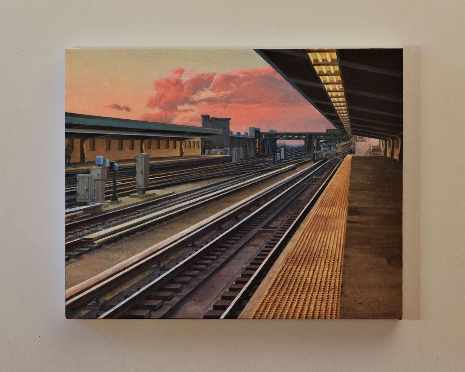 <p>Artist Comments<br>Set on a winter evening at the 4th Avenue/9th Street station in Brooklyn, this painting captures a vivid sunset framed by the converging diagonals of the train tracks and elevated platform. The composition leads the eye outward