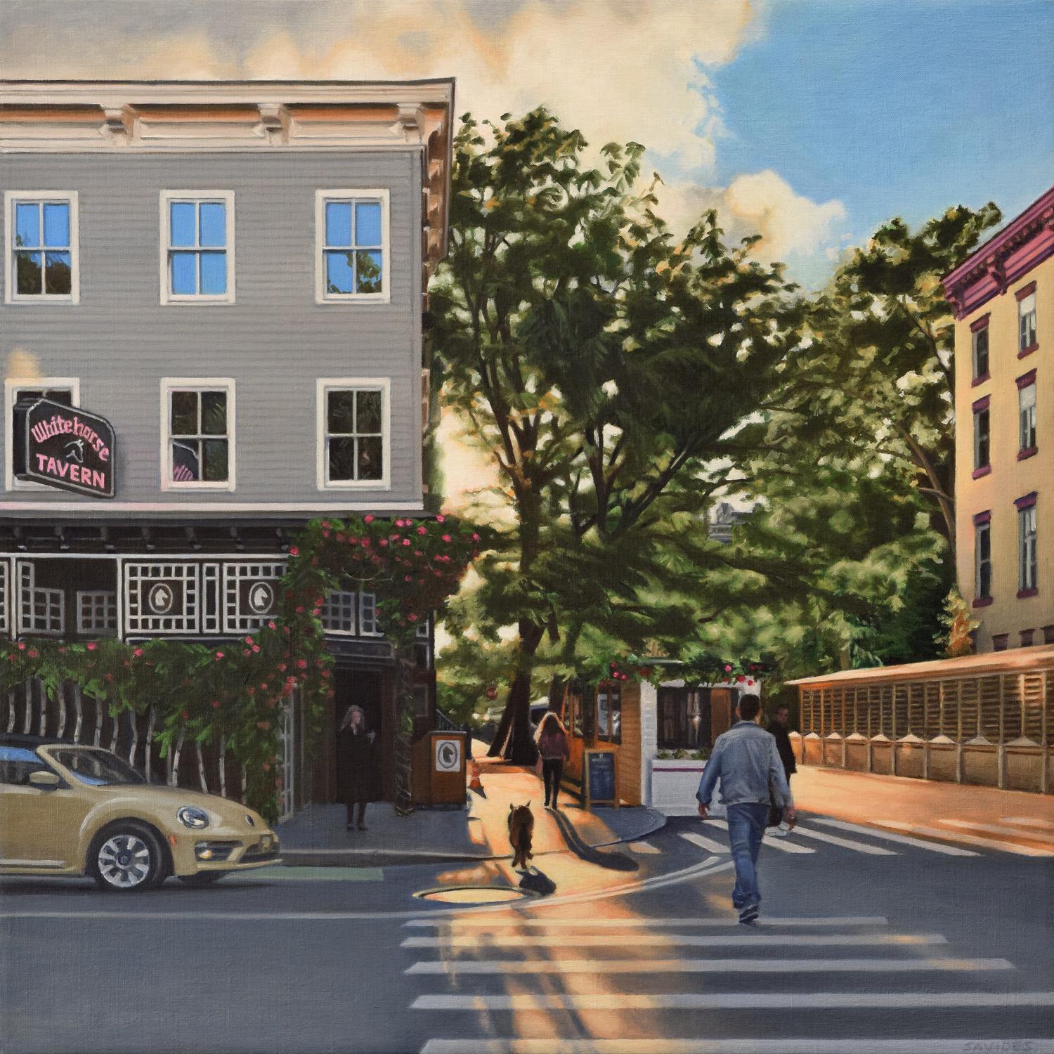 Landscape Painting Nick Savides - Taverne à chevaux blancs, peinture à l'huile