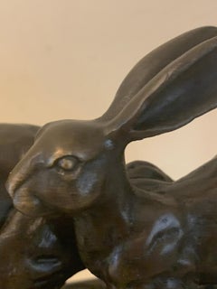 20th century French Bronze of two Hares Running, signed Nick with Paris seal