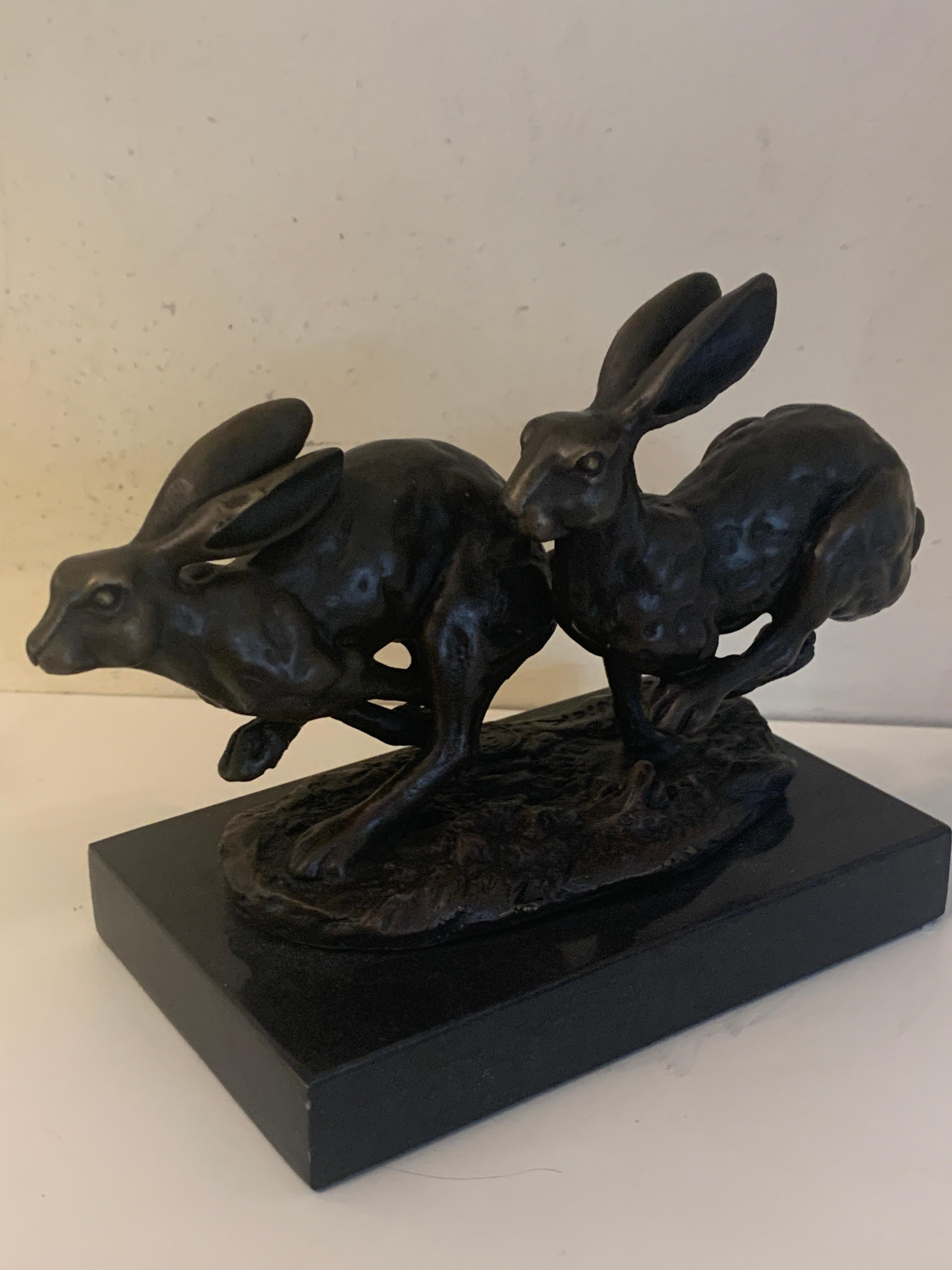 20th century French Bronze of two Hares Running, signed Nick with Paris seal 2