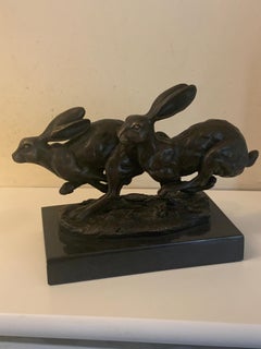 20th century French Bronze of two Hares Running, signed Nick with Paris seal