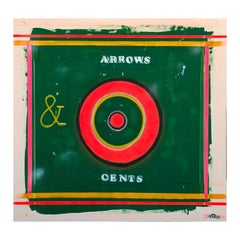 "Flechas y céntimos" Pintura abstracta contemporánea en blanco verde, rojo y amarillo