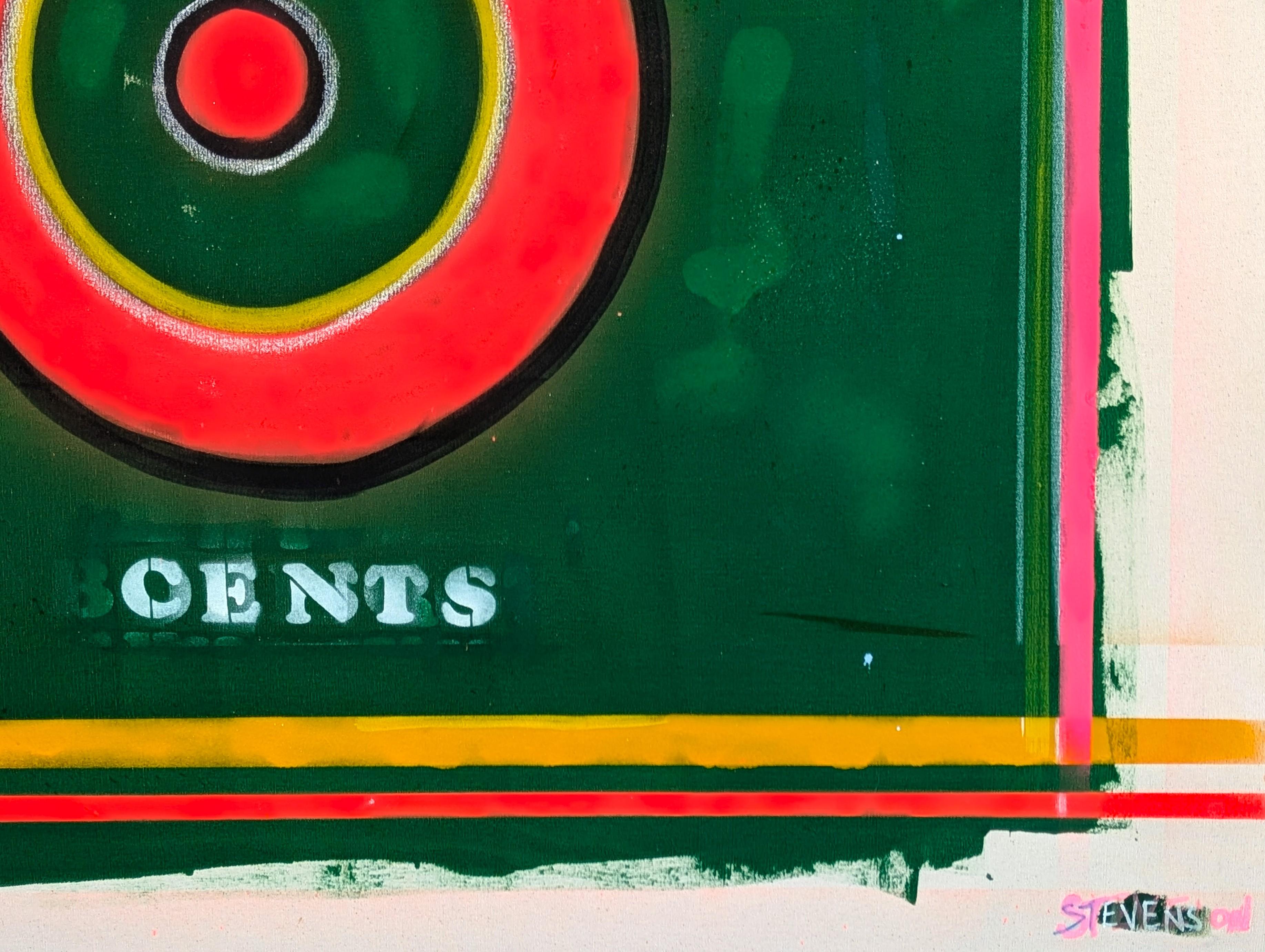 Pintura contemporánea en blanco de colores del artista Nick Stevenson, afincado en Texas. La obra presenta una diana central de neón rojo, verde y amarillo flanqueada por el texto 