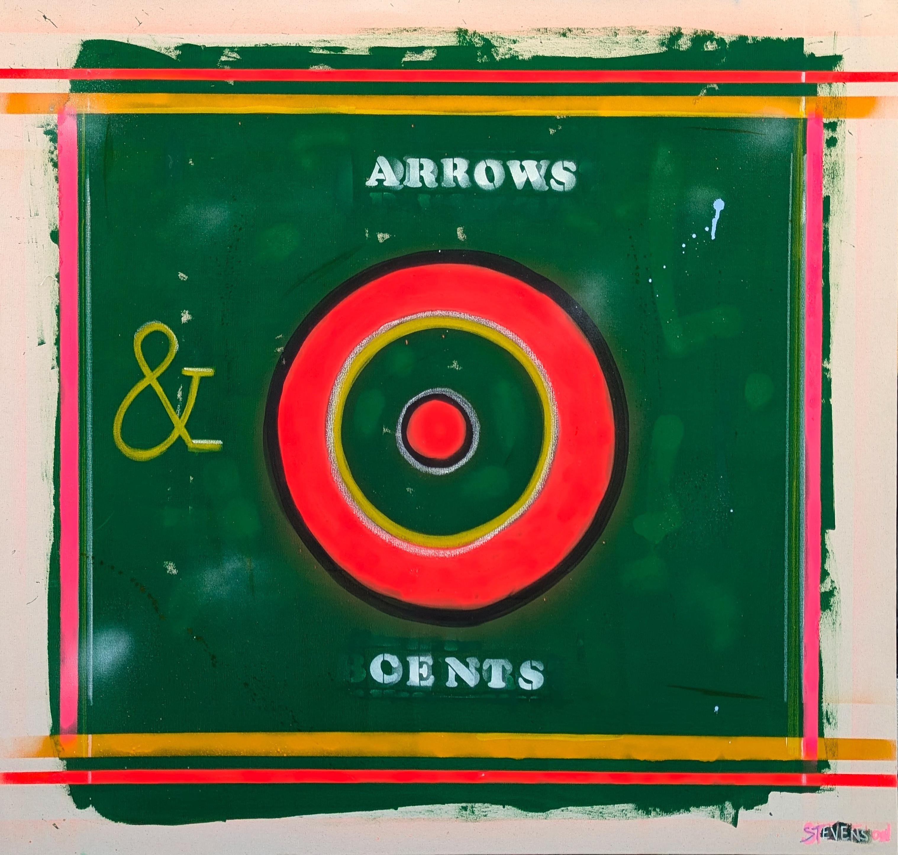 Abstract Painting de Nick Stevenson - "Flechas y céntimos" Pintura abstracta contemporánea en blanco verde, rojo y amarillo