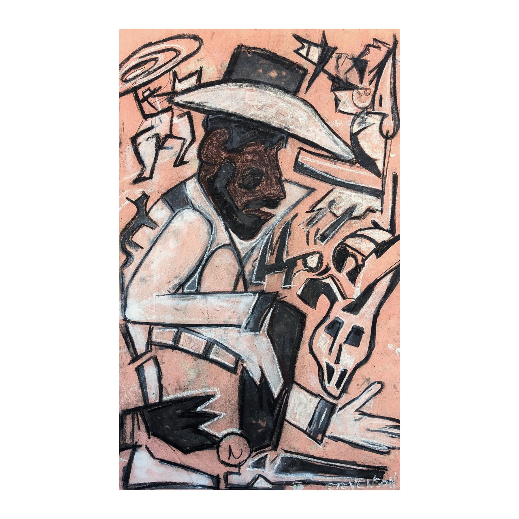 Zeitgenössische abstrakte schwarze Cowboy gegen rosa Western Figur Malerei – Painting von Nick Stevenson