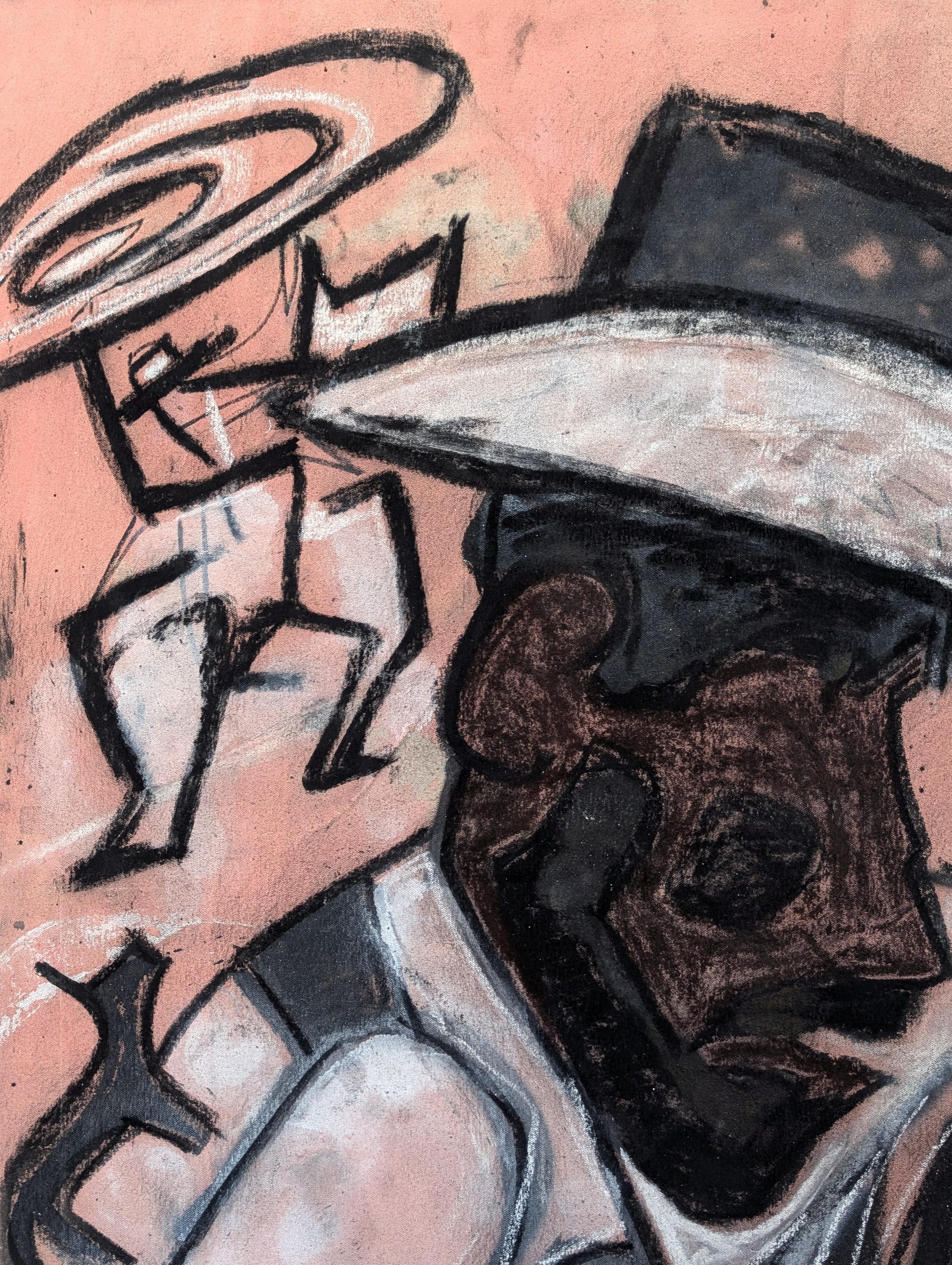 Zeitgenössische abstrakte schwarze Cowboy gegen rosa Western Figur Malerei (Beige), Figurative Painting, von Nick Stevenson