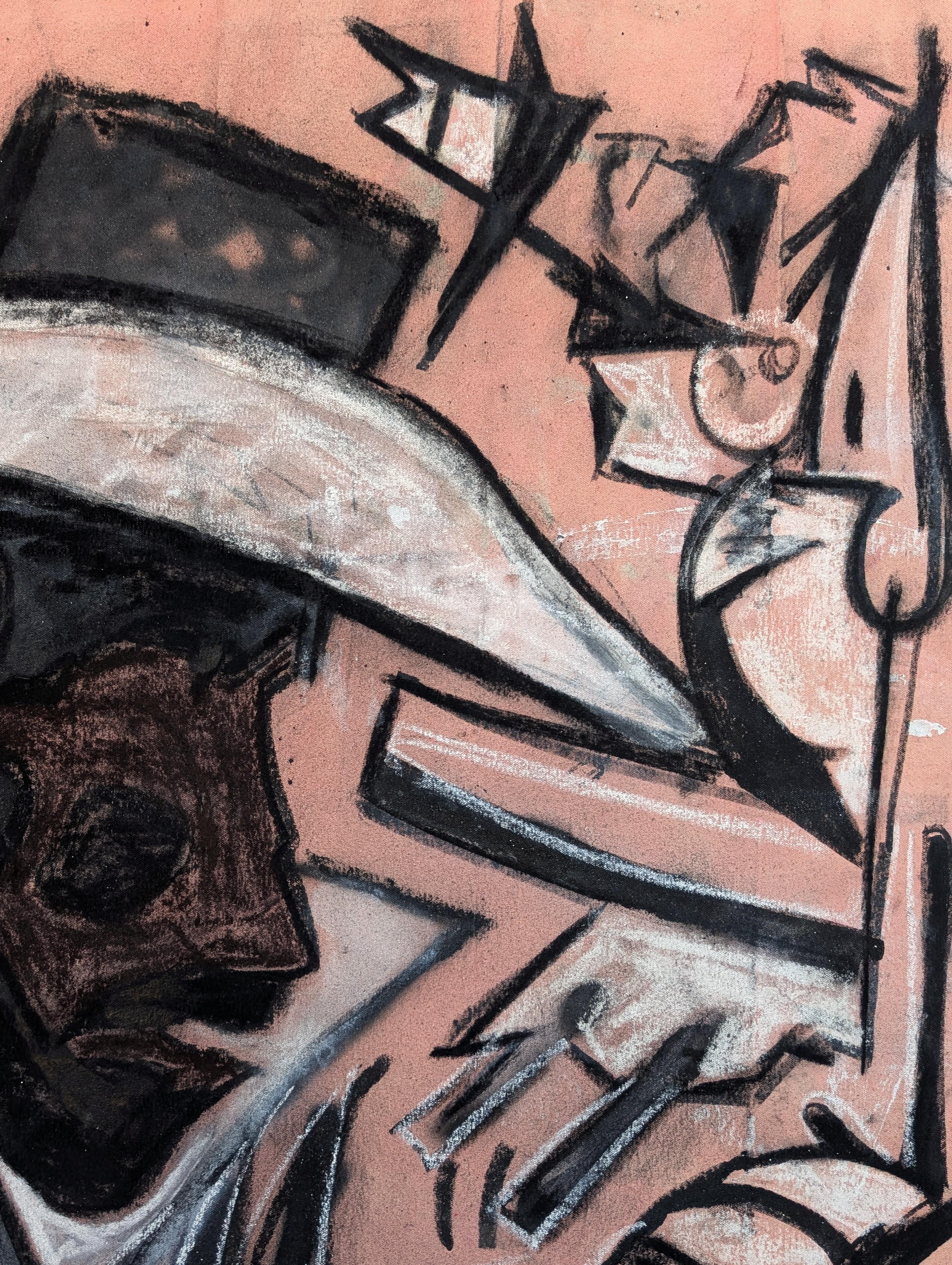 Zeitgenössische schwarz-weiße, vom Western inspirierte Cowboy-Malerei des in Texas lebenden Künstlers Nick Stevenson. Das Werk zeigt einen abstrahierten schwarzen Cowboy, der neben einem Tier vor einem rosa Hintergrund kniet. Signiert in der rechten