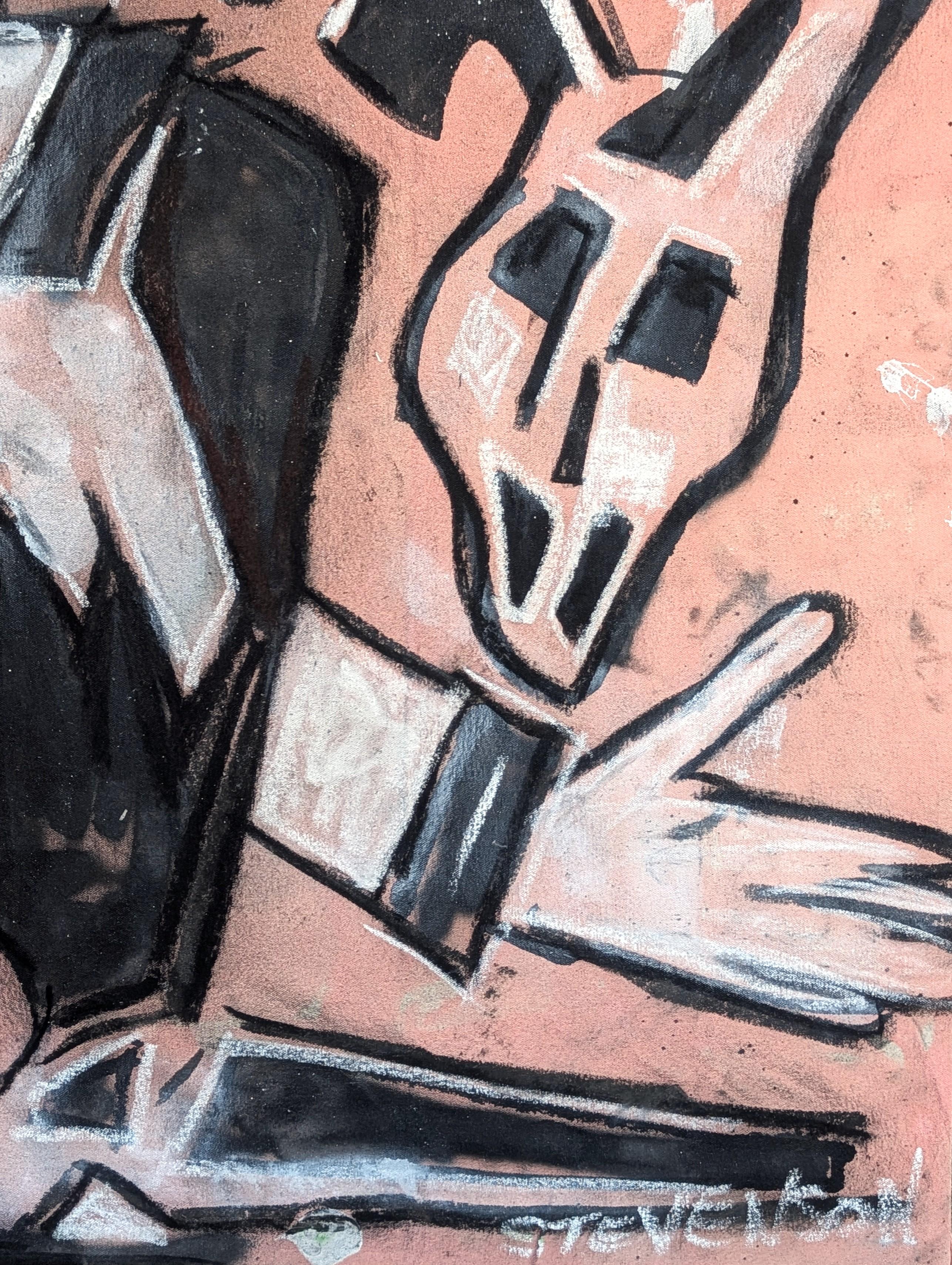 Zeitgenössische abstrakte schwarze Cowboy gegen rosa Western Figur Malerei im Angebot 1