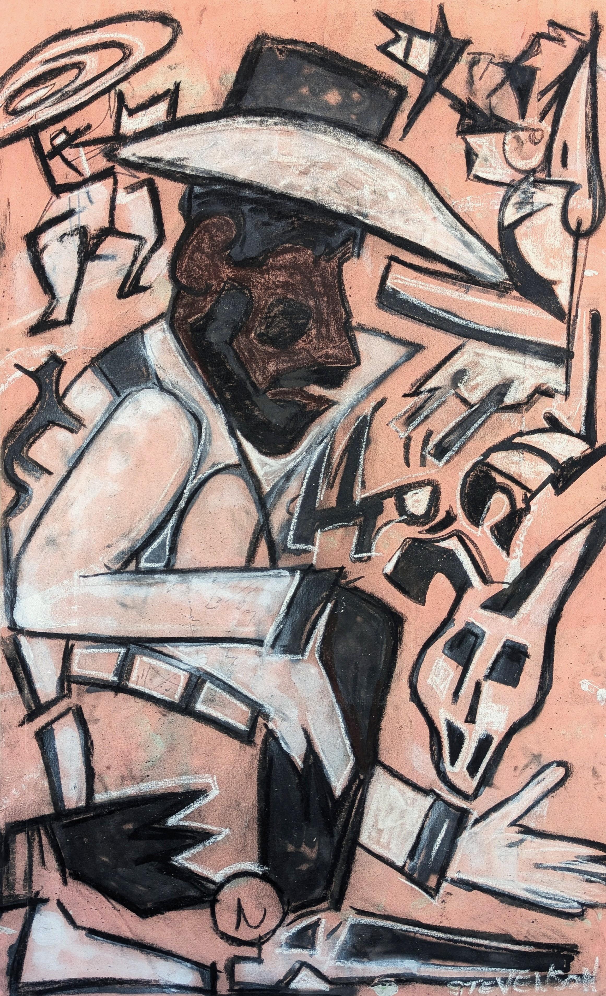 Nick Stevenson Figurative Painting – Zeitgenössische abstrakte schwarze Cowboy gegen rosa Western Figur Malerei