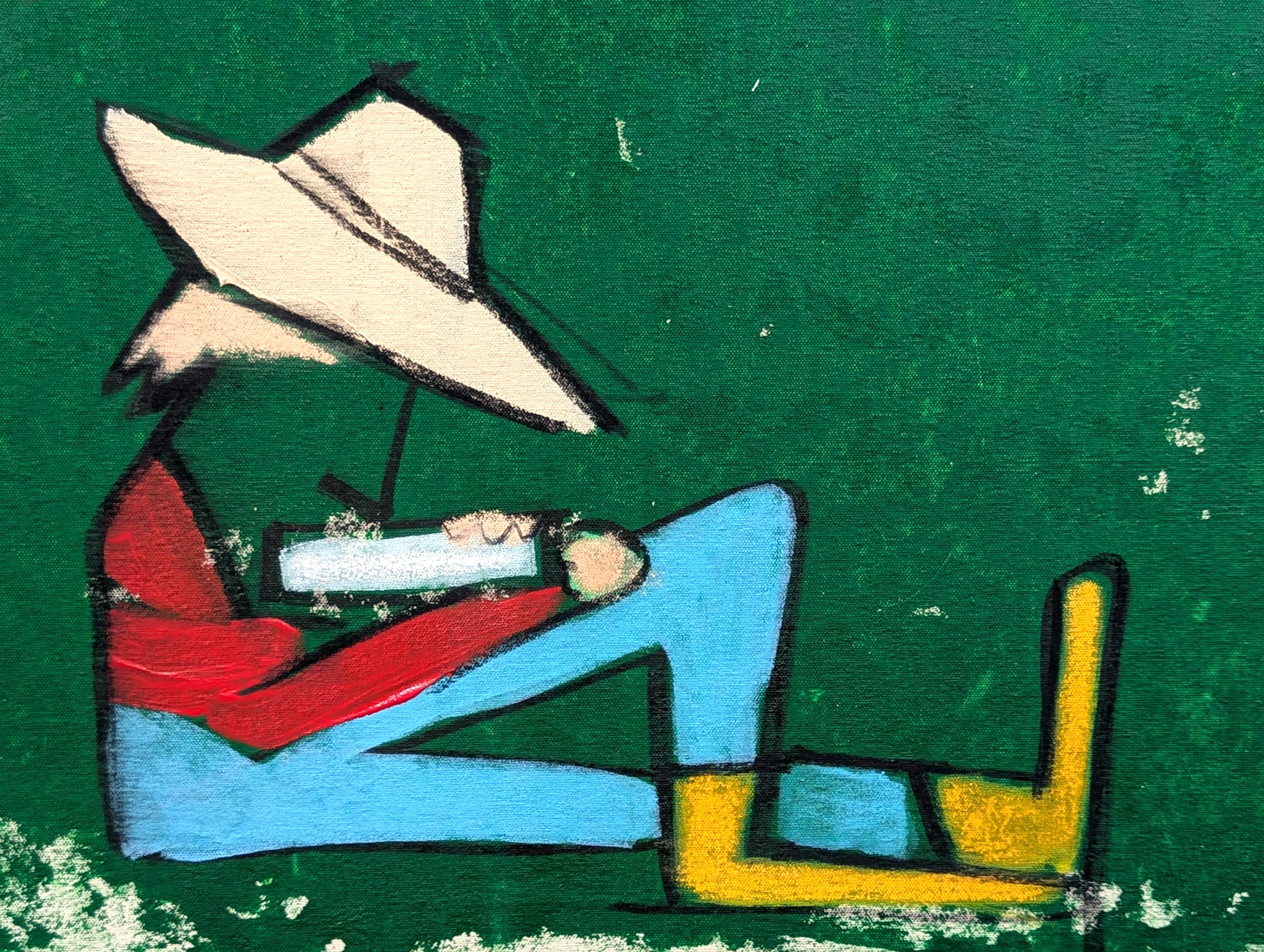 Zeitgenössische abstrakte Drei Cowboys gegen grüne Westernfigur Gemälde im Angebot 6