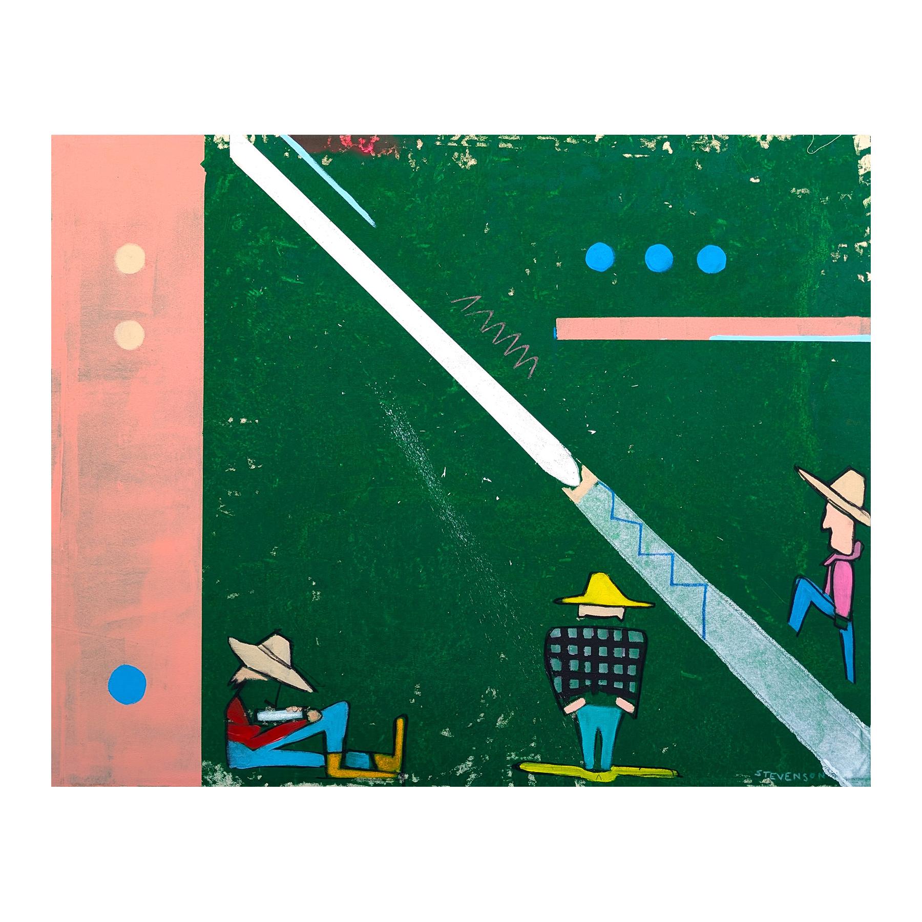 Zeitgenössische abstrakte Drei Cowboys gegen grüne Westernfigur Gemälde – Painting von Nick Stevenson