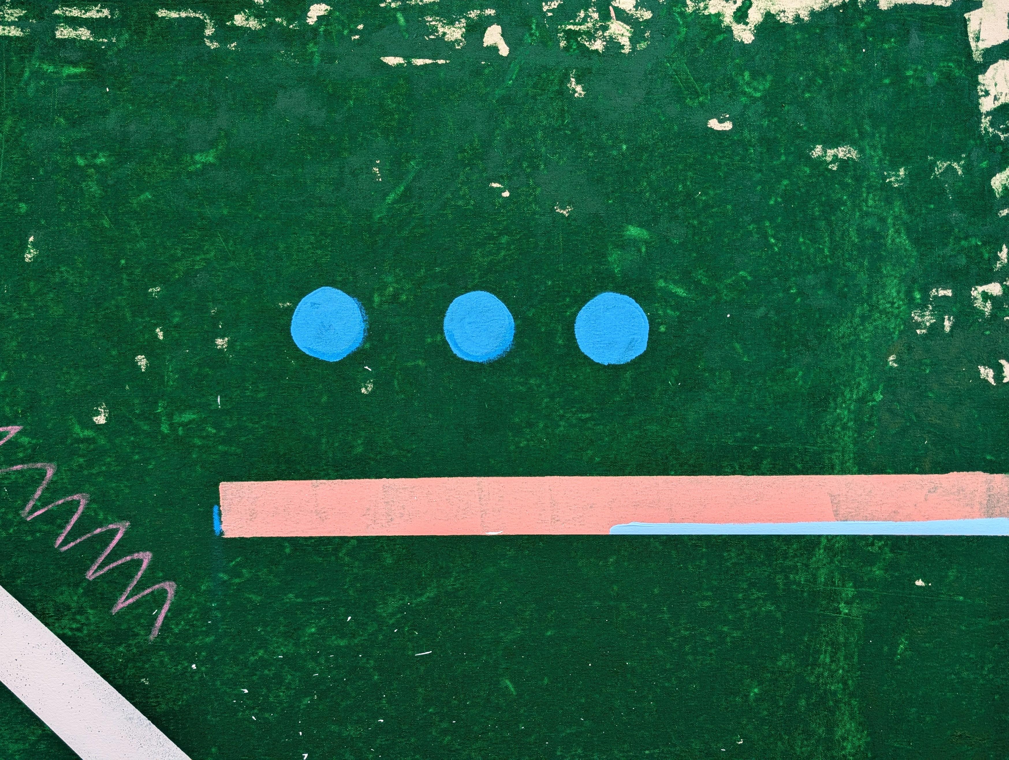 Zeitgenössische, farbenfrohe, westlich inspirierte Cowboy-Malerei des in Texas lebenden Künstlers Nick Stevenson. Das Werk zeigt ein Trio von abstrahierten Cowboys in verschiedenen Posen vor einem grünen und rosa Hintergrund. Signiert in der rechten