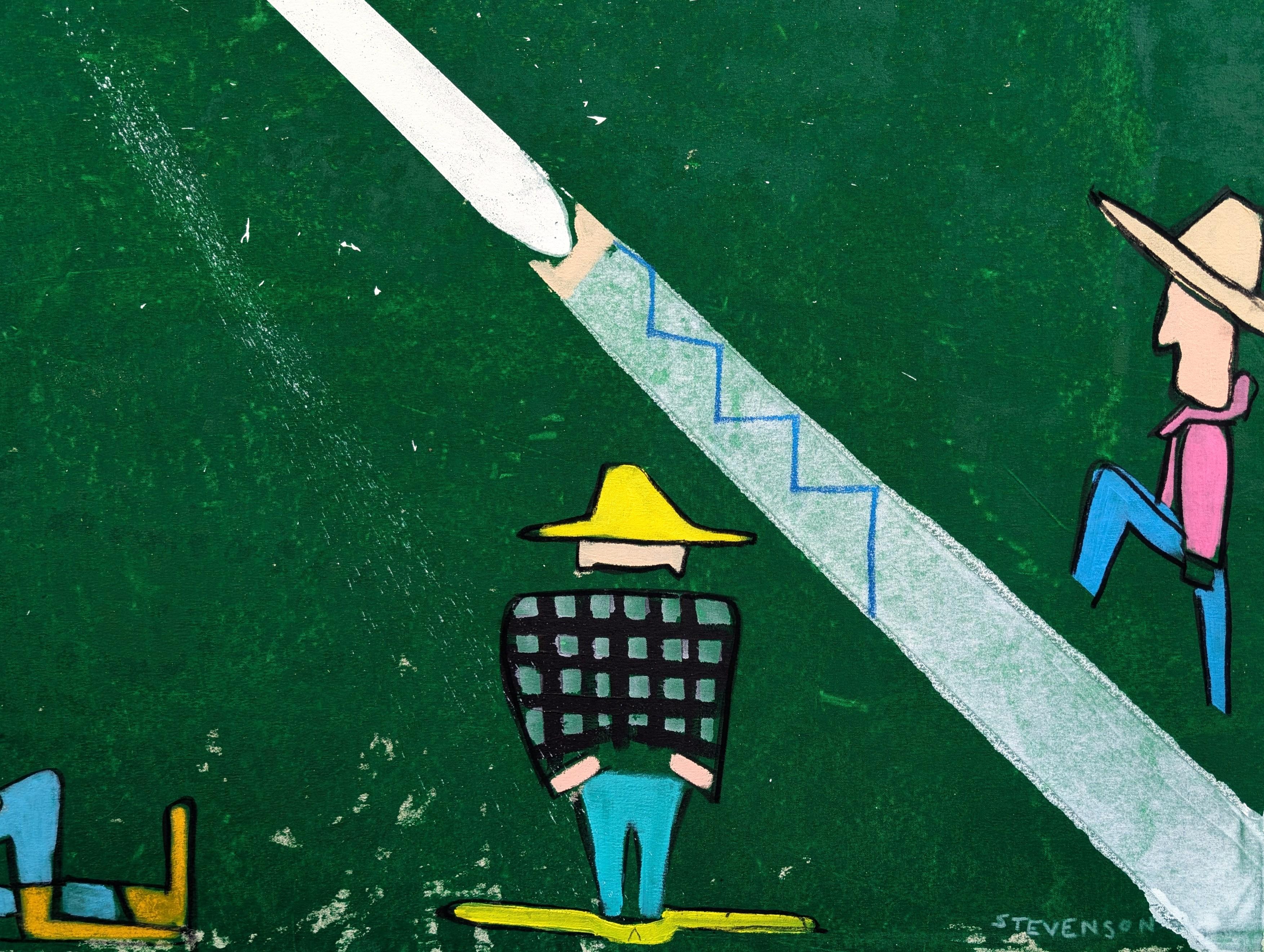 Zeitgenössische abstrakte Drei Cowboys gegen grüne Westernfigur Gemälde im Angebot 1