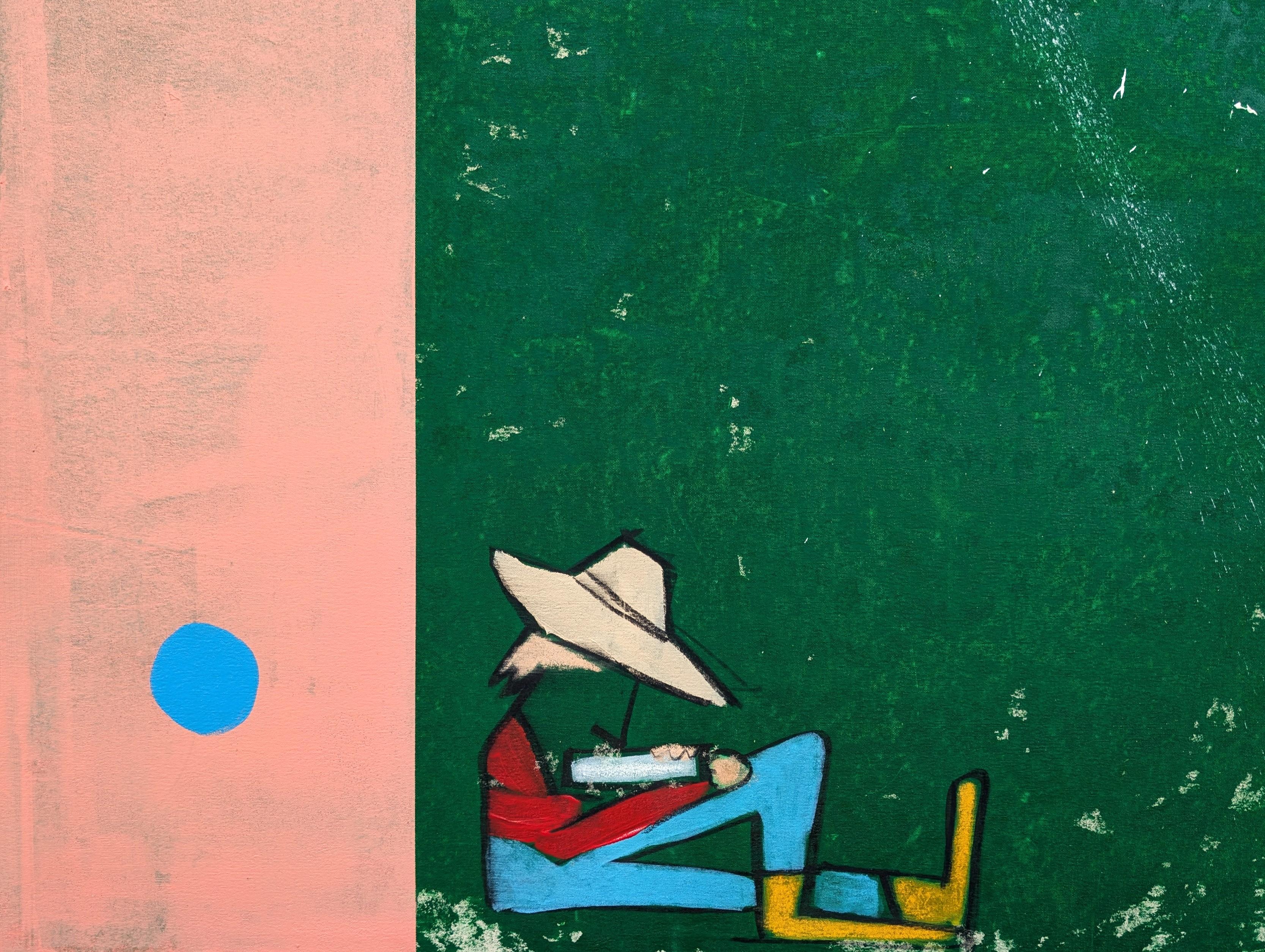 Zeitgenössische abstrakte Drei Cowboys gegen grüne Westernfigur Gemälde im Angebot 2