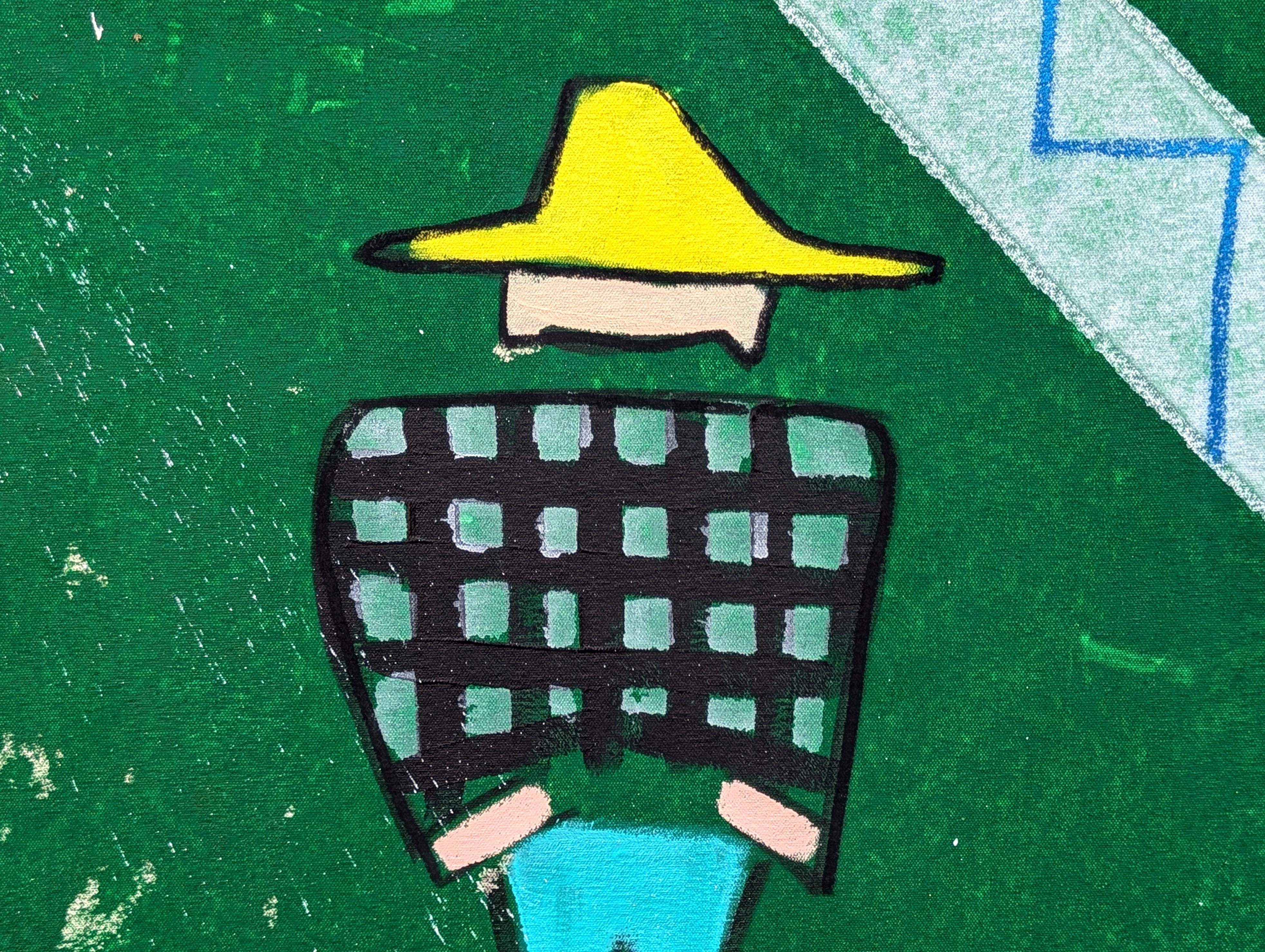 Zeitgenössische abstrakte Drei Cowboys gegen grüne Westernfigur Gemälde im Angebot 5