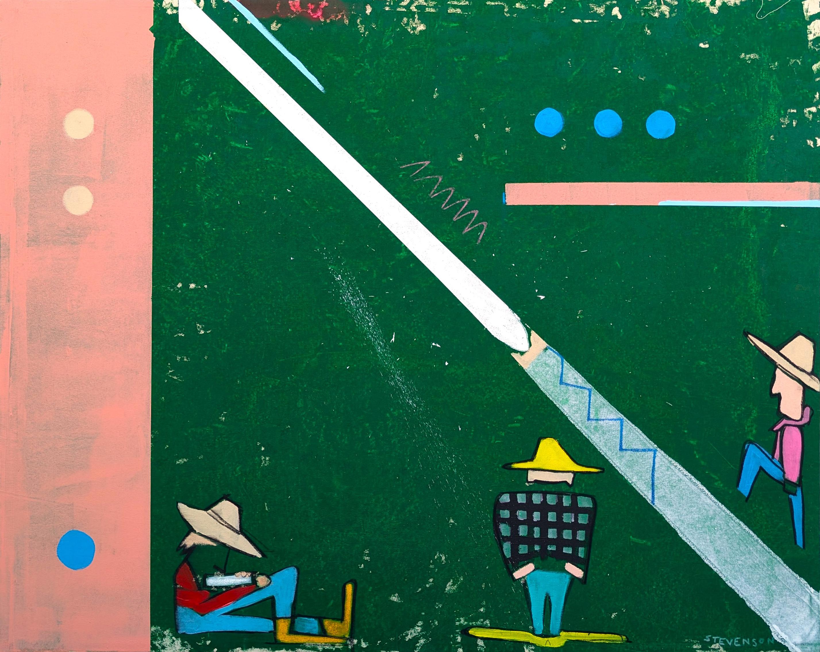 Zeitgenössische abstrakte Drei Cowboys gegen grüne Westernfigur Gemälde