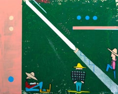 Pittura contemporanea astratta con tre cowboy contro una figura occidentale di colore verde