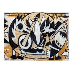 "Caballos y música" Pintura vaquera contemporánea en blanco, negro y naranja