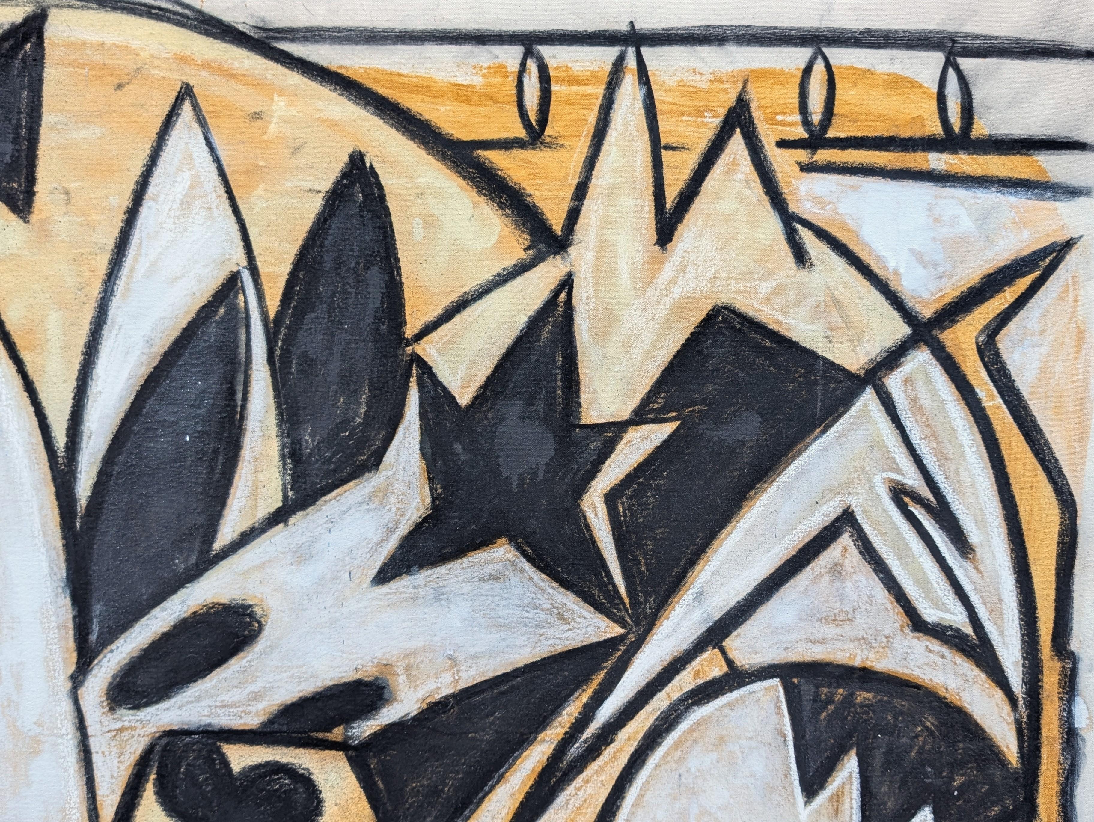 Zeitgenössische, gedämpfte, vom Western inspirierte Cowboy-Malerei des in Texas lebenden Künstlers Nick Stevenson. Das Werk zeigt ein abstrahiertes Pferd in Kombination mit einer Gitarre spielenden Figur. Signiert in der linken vorderen Ecke sowie