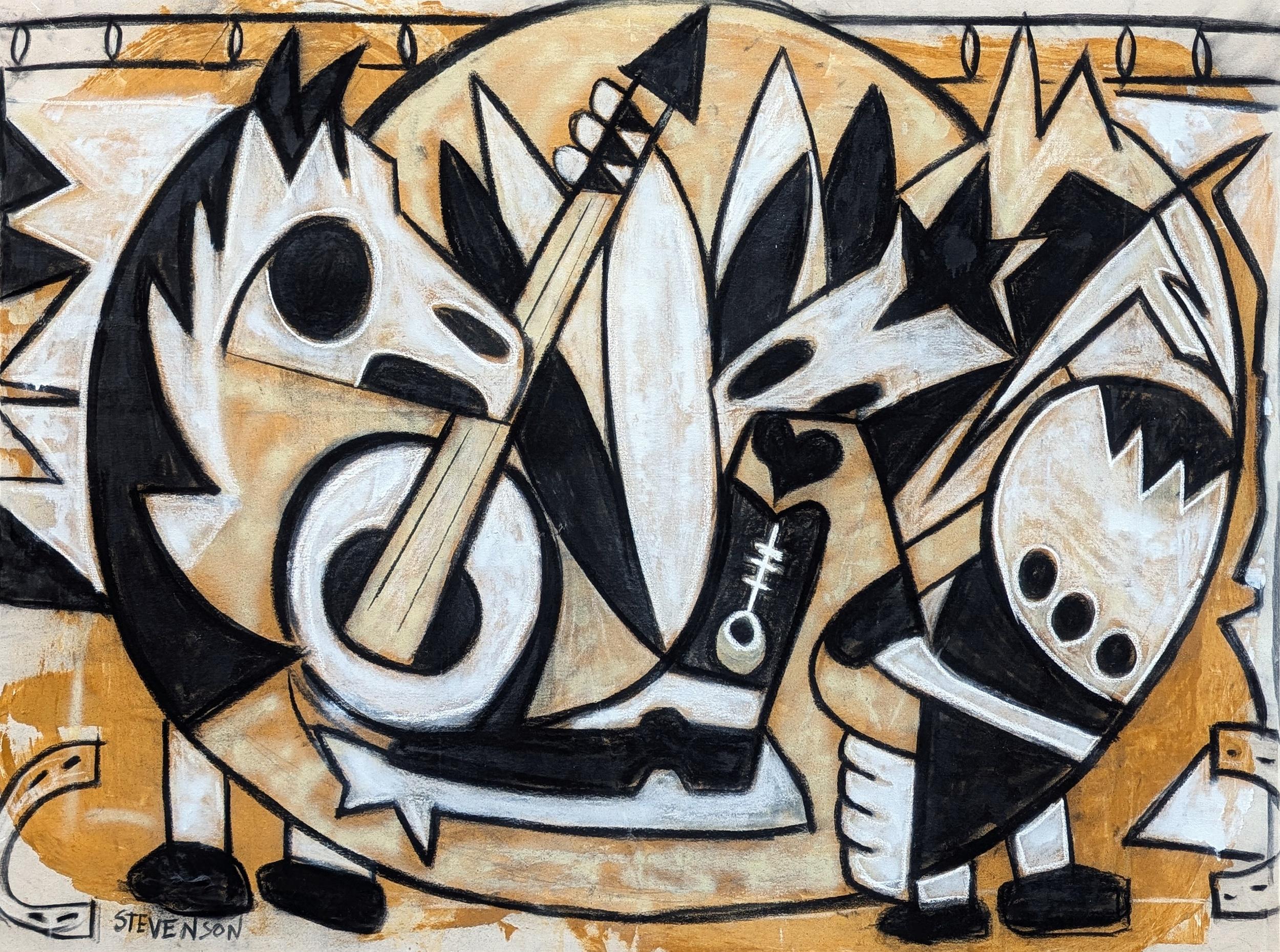 Nick Stevenson Animal Painting – "Pferde und Musik" Zeitgenössische Western-Cowboy-Malerei in Schwarz, Weiß und Orange