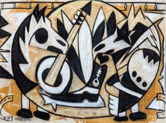 "Horses and Music" Contemporary Black, White, & Orange Western Cowboy Painting