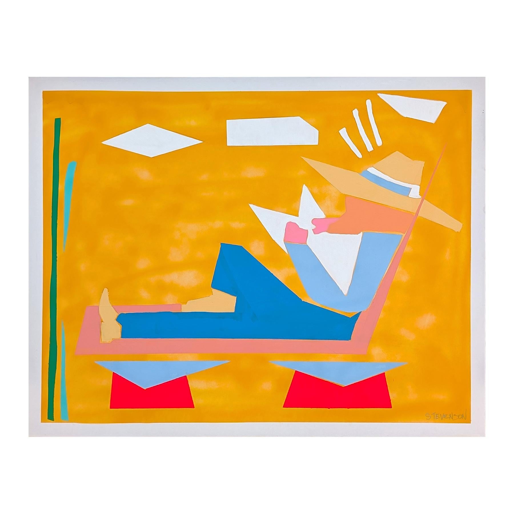 Contemporary colorful western inspired cowboy painting by Texas based artist Nick Stevenson. The work features a lounging cowboy wearing a hat against a bright yellow background. Signed, titled, and dated on the reverse. Currently unframed. 

Artist