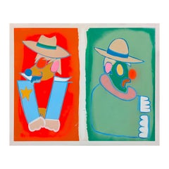 "Rodeo Clowns" Contemporary Colorful Orange and Green Western Cowboy Painting