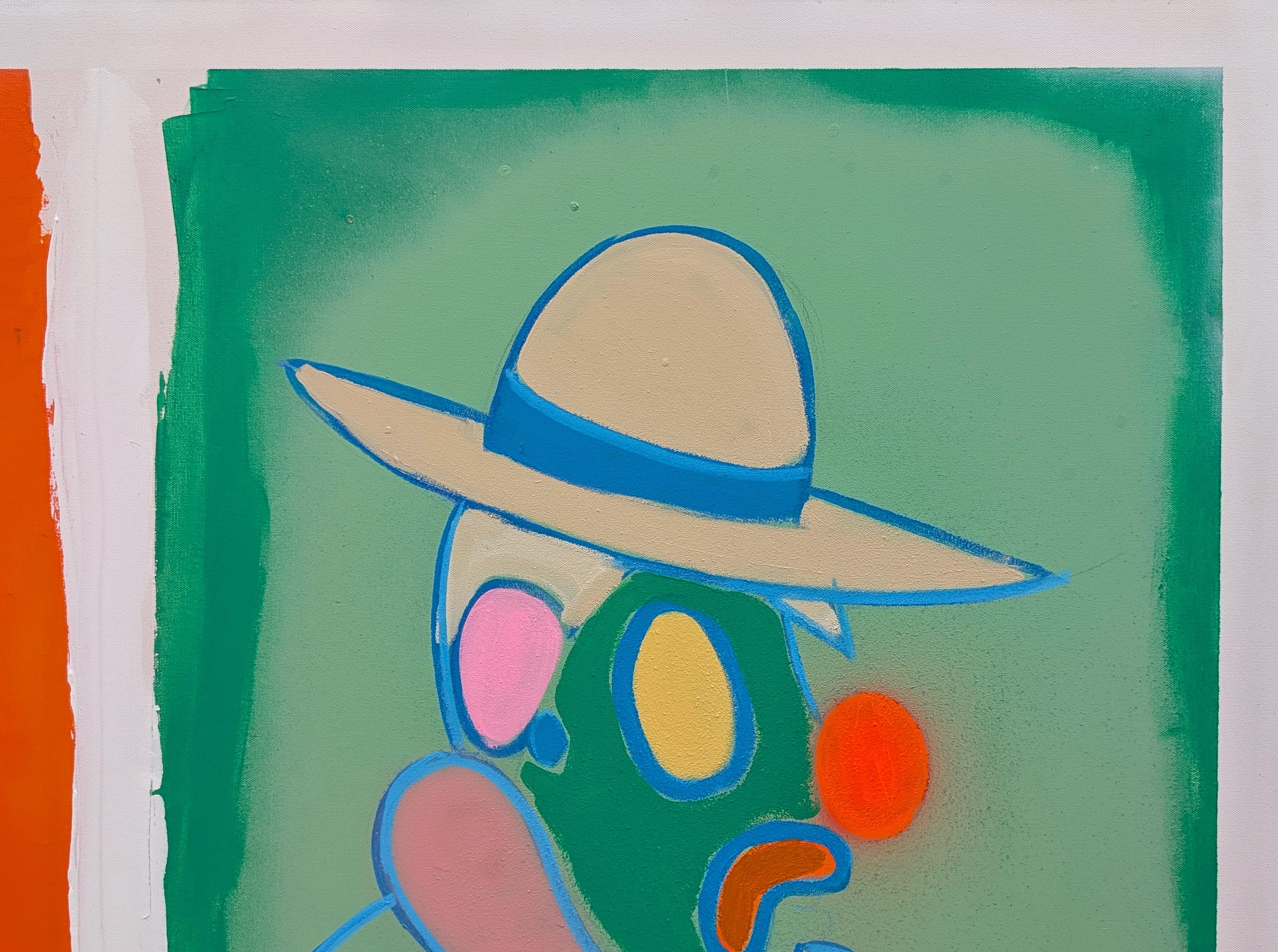 Zeitgenössische, farbenfrohe, westlich inspirierte Cowboy-Malerei des in Texas lebenden Künstlers Nick Stevenson. Das Werk zeigt ein Paar bunte, von Cartoons inspirierte Rodeo-Clowns vor Blöcken mit kräftigen, leuchtenden Farben. Derzeit ungerahmt.