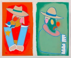 "Rodeo Clowns" Contemporary Colorful Orange and Green Western Cowboy Painting