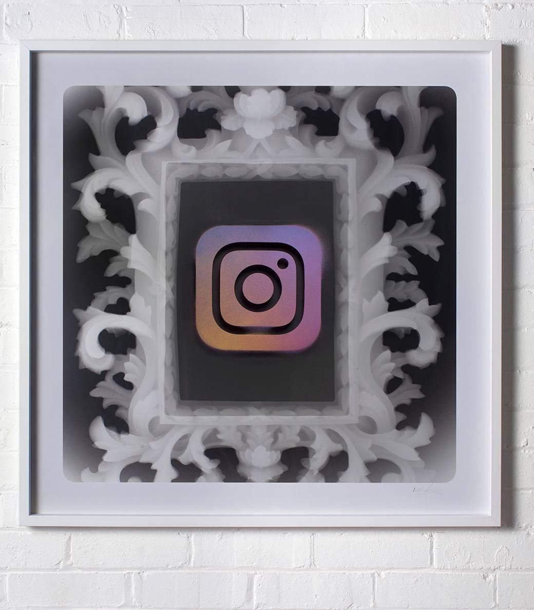 "Instagram" spray paint on x-ray photograph, framed, contemporary, pop art