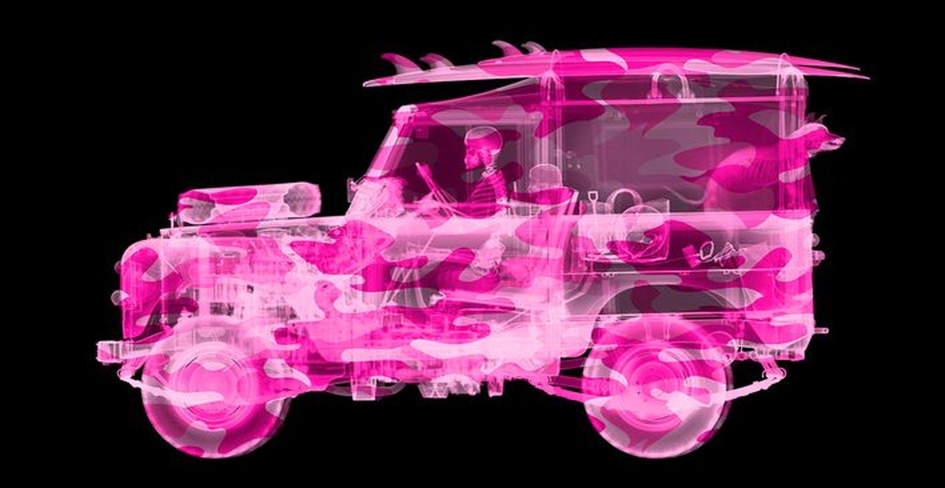 Camouflage Land Rover Surfer
24 x 47 inches (Available in other Sizes) 
X-Ray C-Type print with Diasec frame 
Limited Edition of 15
Acquired from artist's studio, signed recto 

Pink Camouflage X-Ray print of a Land Rover.  Artist Nick Veasey