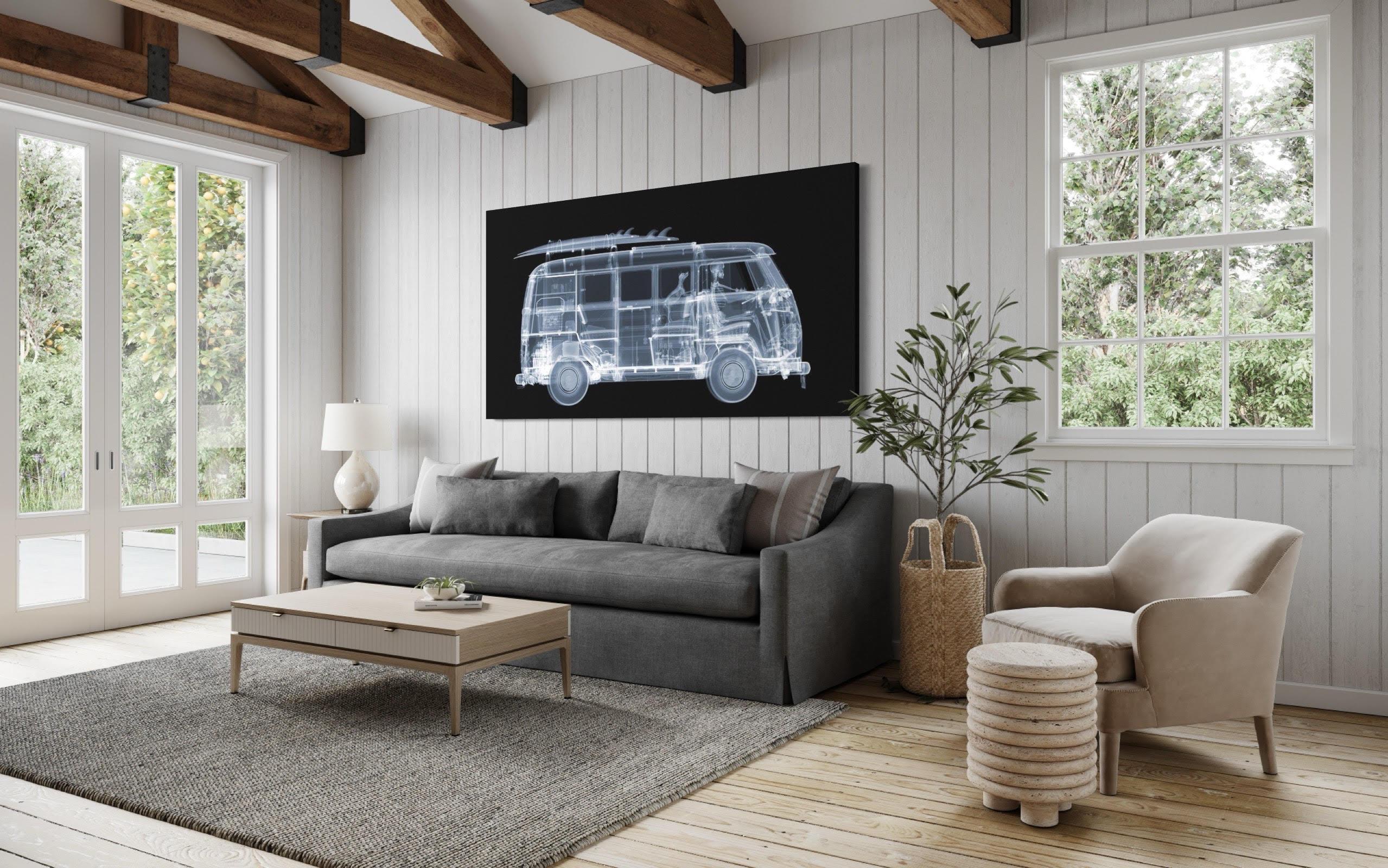 Camper Van on the Road 
47 x 90 inches
X-Ray C-Type print with Diasec frame 
Limited Edition 1 of 9
Acquired from artist's studio, signed recto 

X-Ray print of a camper van.  Artist Nick Veasey explores the intersection between science and art by