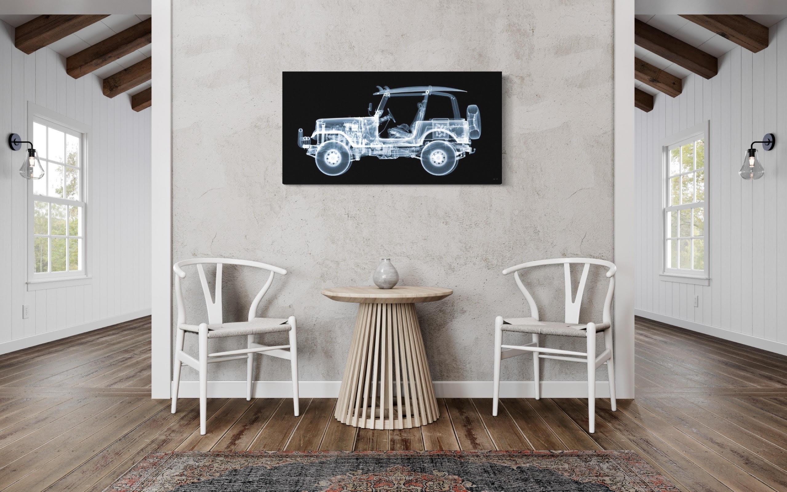 CJ Jeep Surfer
24 x 47 inches

Available in other sizes
36 x 71 inches
47 x 90 inches

X-Ray C-Type print with Diasec frame 
Limited Edition 2 of 25
Acquired from artist's studio, signed recto 

X-Ray print of a CJ Jeep.  Artist Nick Veasey explores