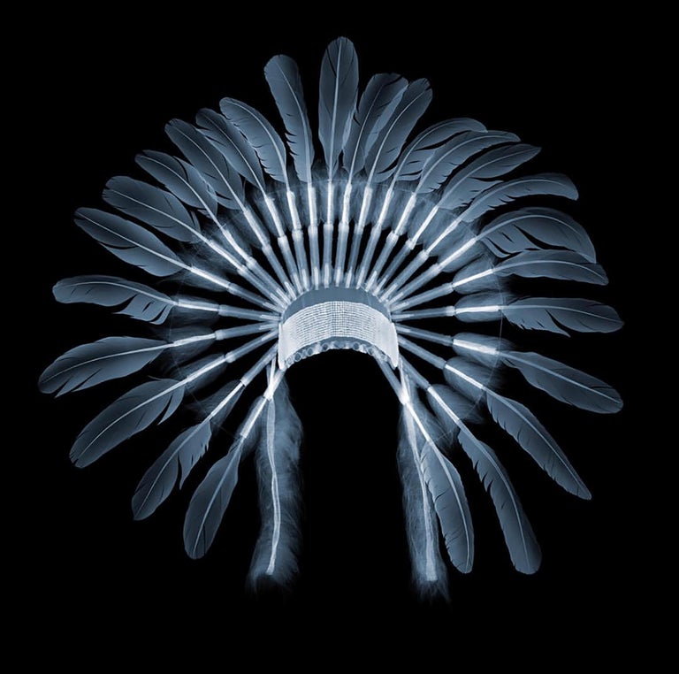 Headdress
47x47 inches 
X-Ray C-Type print with Diasec frame 
Limited Edition 4 of 9

X-Ray print of a Native American feathered headdress. Artist Nick Veasey explores the intersection between science and art by creating a unique and detailed work