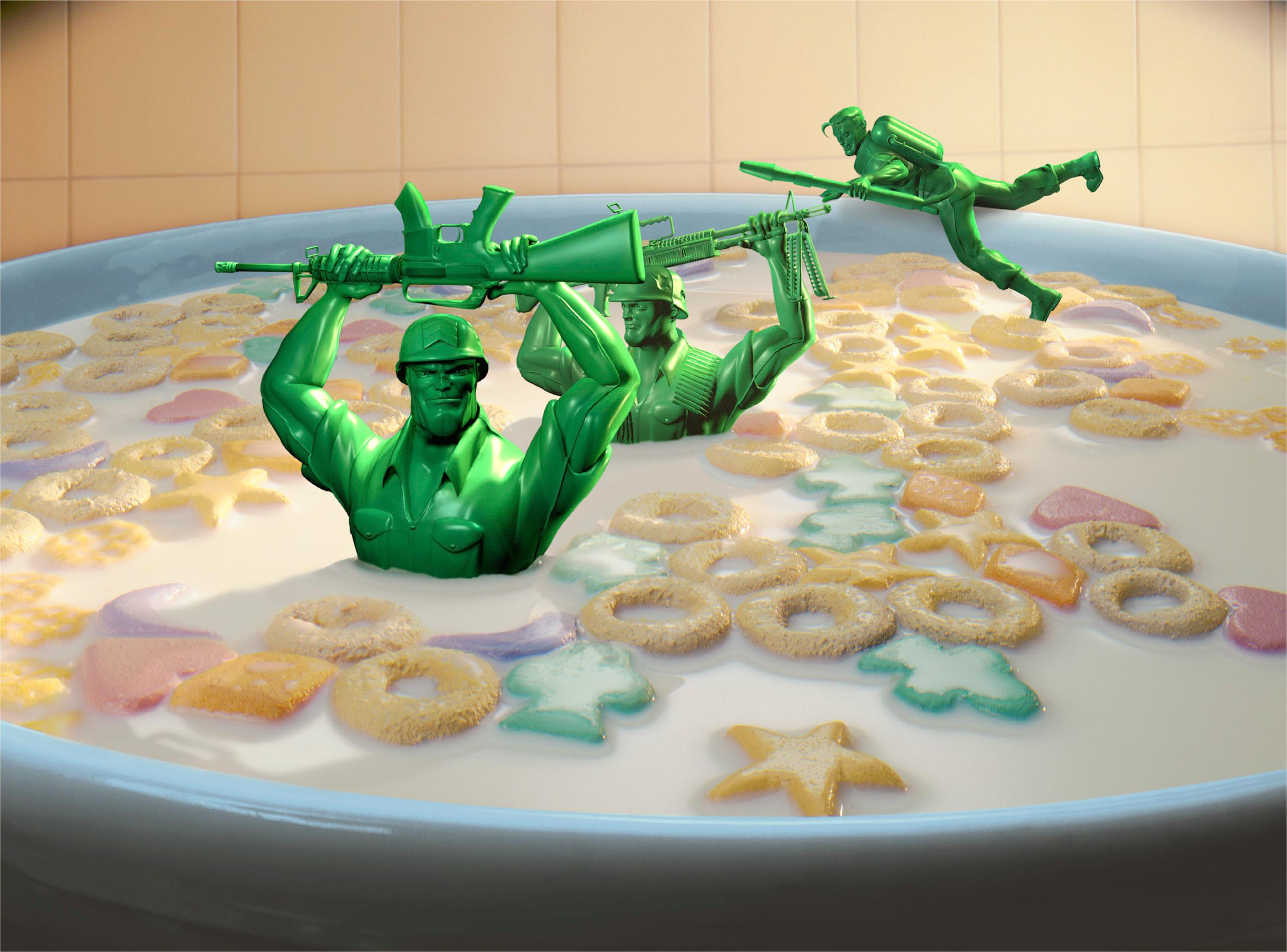 Figurative Photograph de Nick Vedros - Hombres del ejército en un bol de cereales