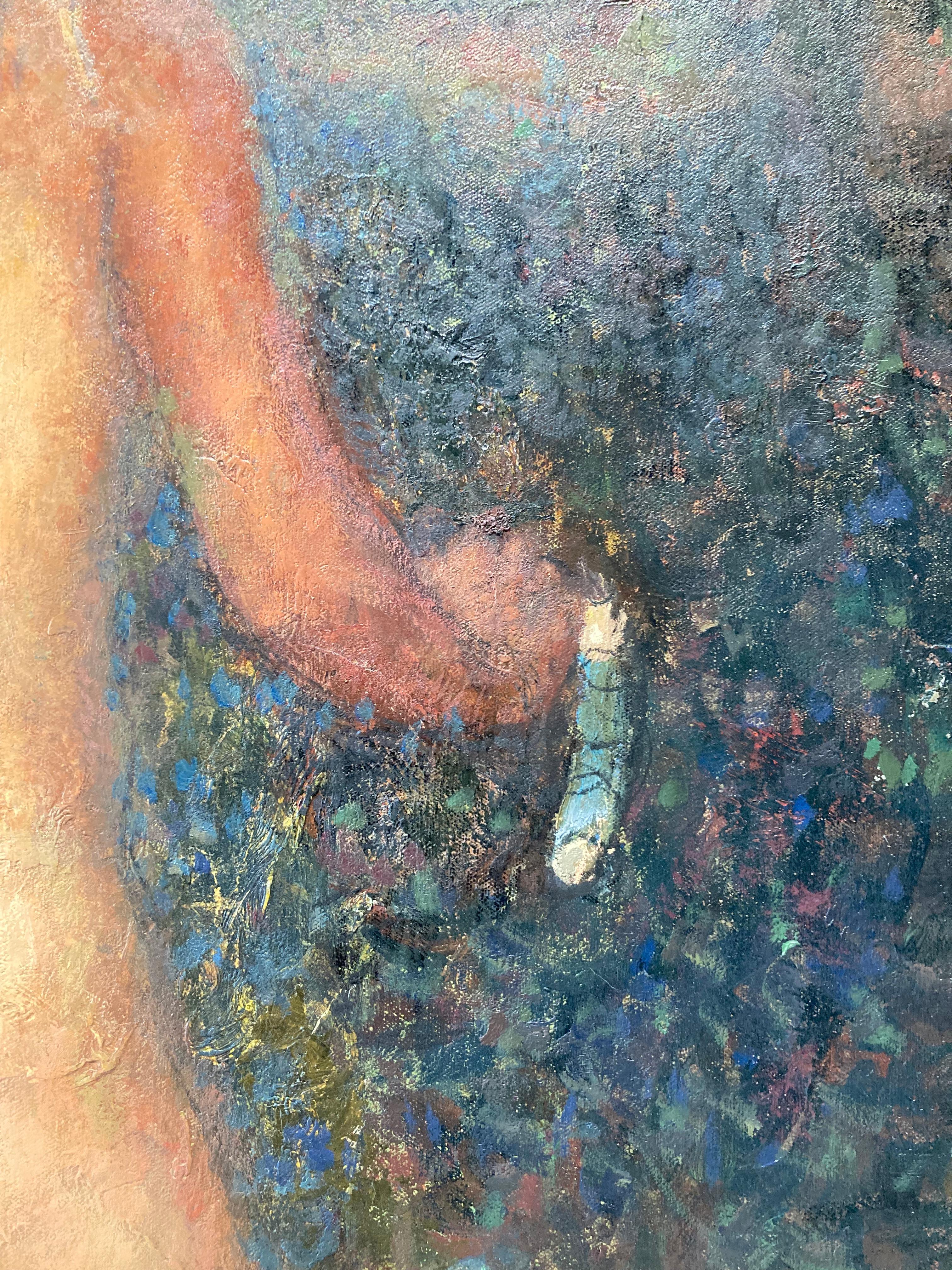 « Alexandra Leaving », réaliste et abstraite fusionnée dans une peinture à l'huile de femme à vélo en vente 6