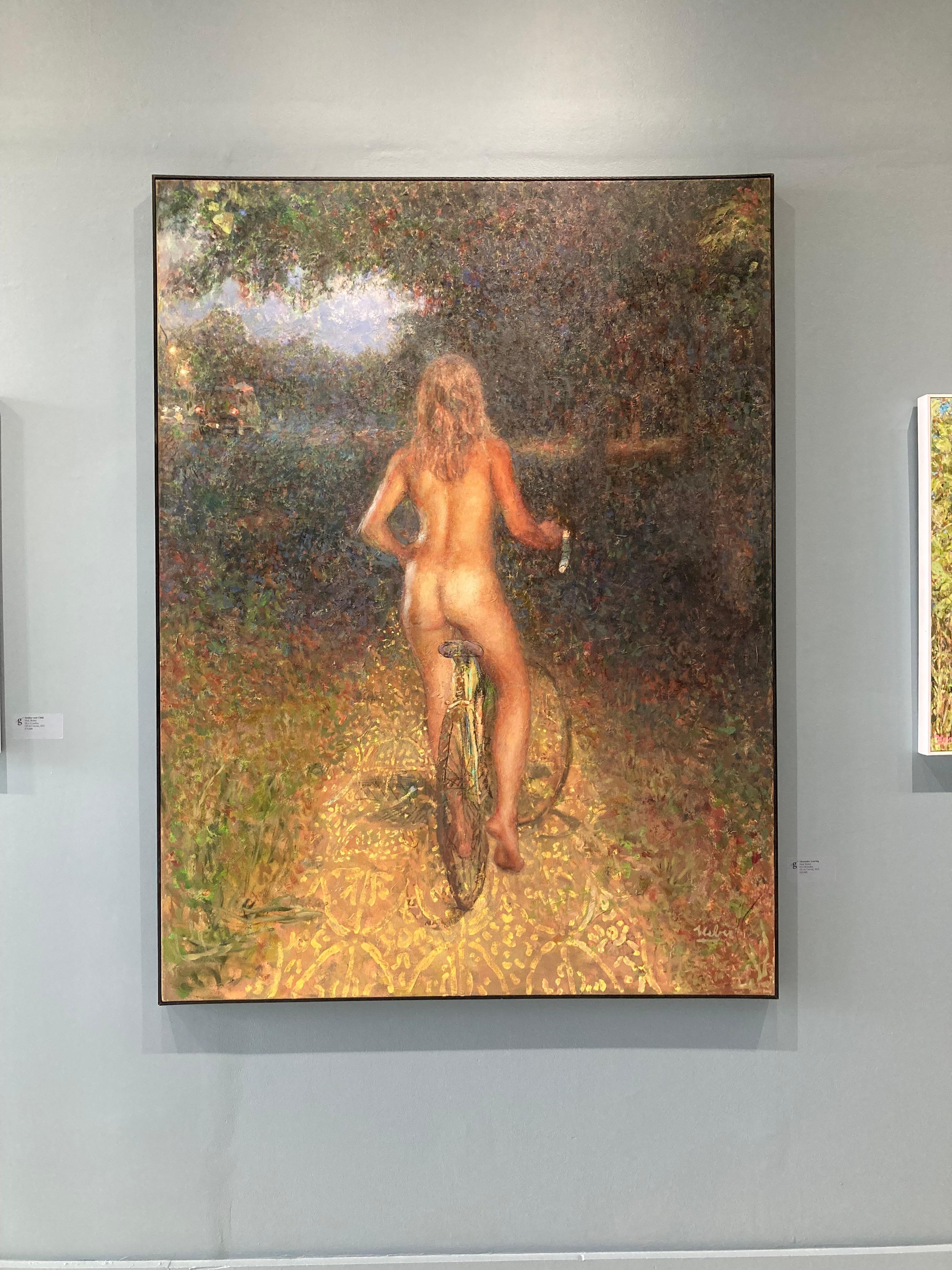 « Alexandra Leaving », réaliste et abstraite fusionnée dans une peinture à l'huile de femme à vélo - Painting de Nick Weber